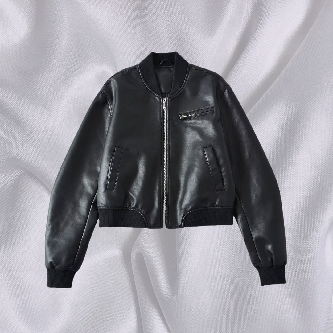 Faux leather bomber jacket for women with elastic finish and practical pockets Lune London