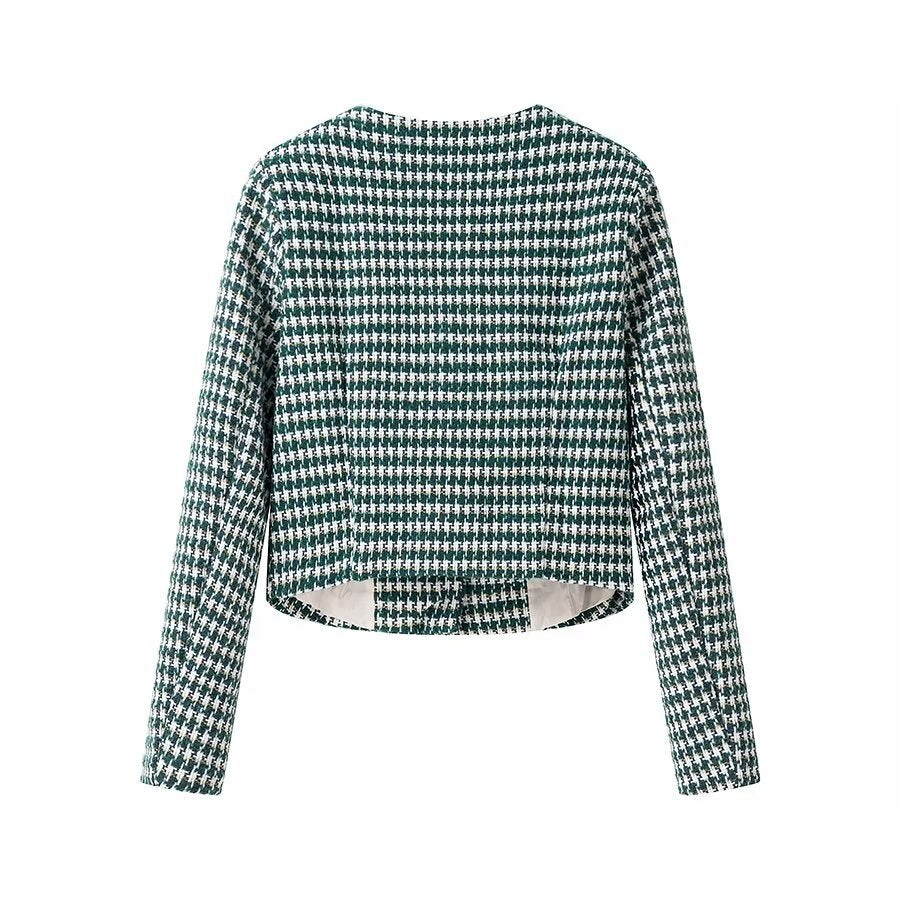 Women Short-Cut Boucle Tweed Blazer with Houndstooth Pattern and Decorative Buttons Amarae