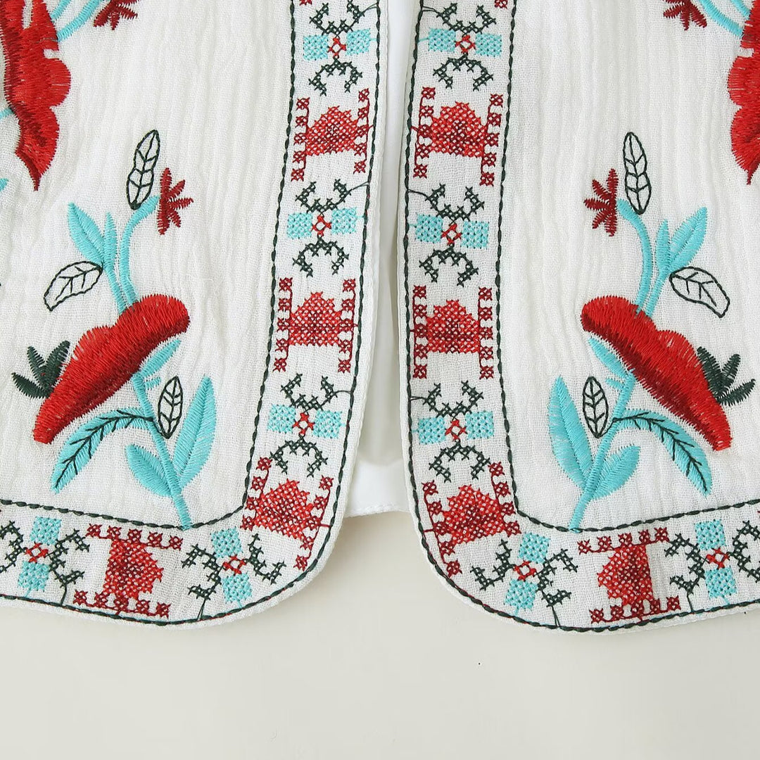 Women Embroidered Sleeveless Boho Vest with Open Cut and Floral Embroidery Amarae