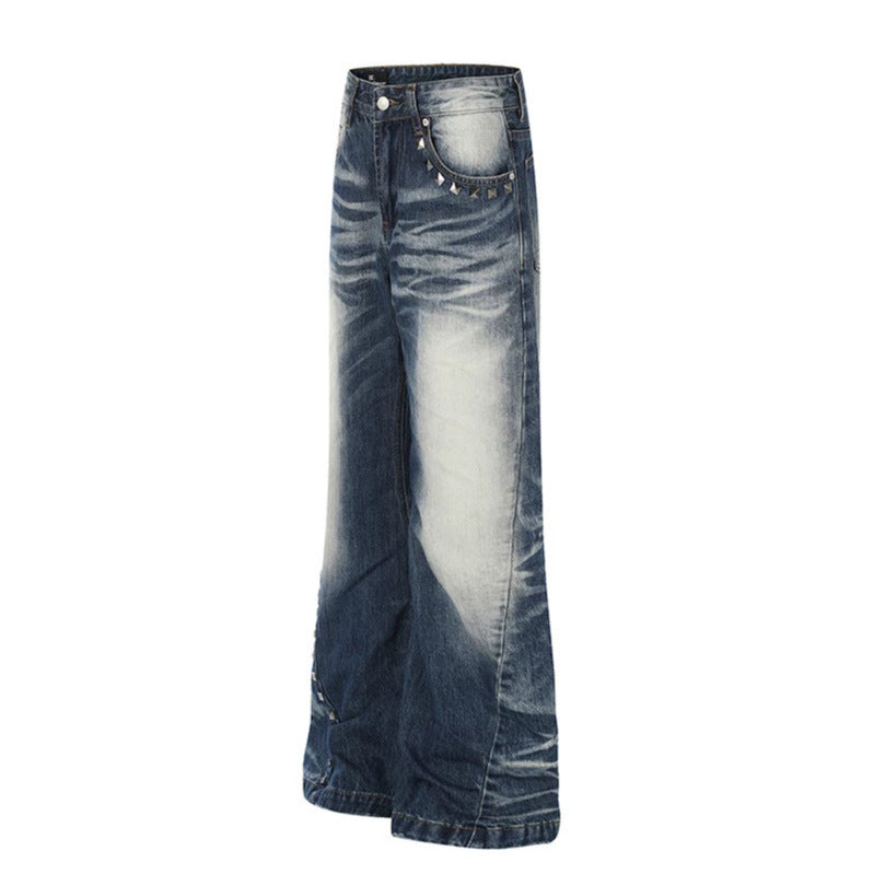 Women High-Waisted Wide Flare Jeans with Used Wash and Studded Trim Amarae