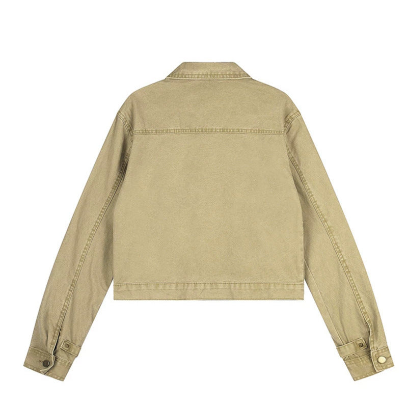 Women’s Short Cut Canvas Jacket with Shirt Collar and Pyramid Studs Amarae