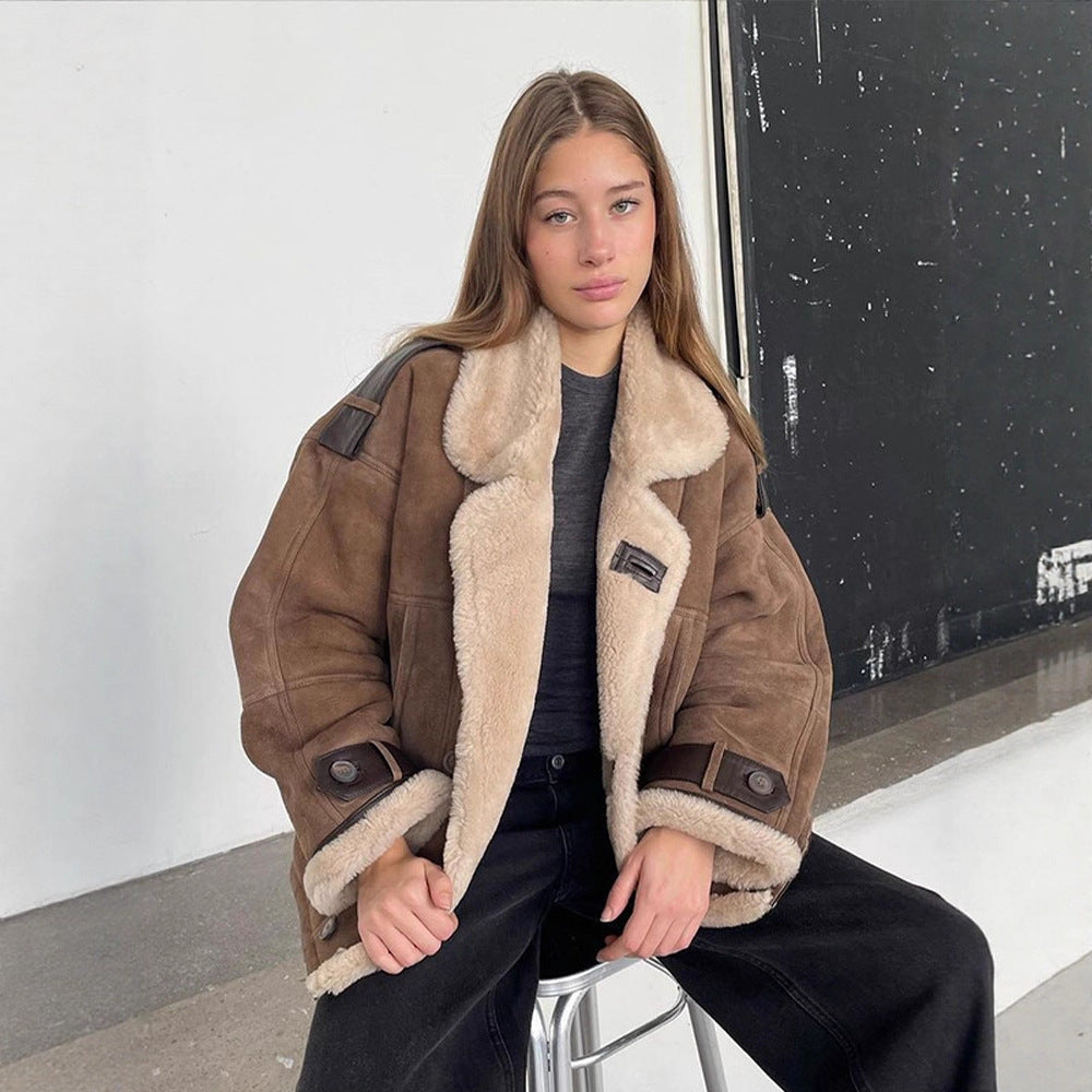 Women Oversize Shearling-Faux Flight Jacket with Contrasting Trim & Buckle Details Amarae