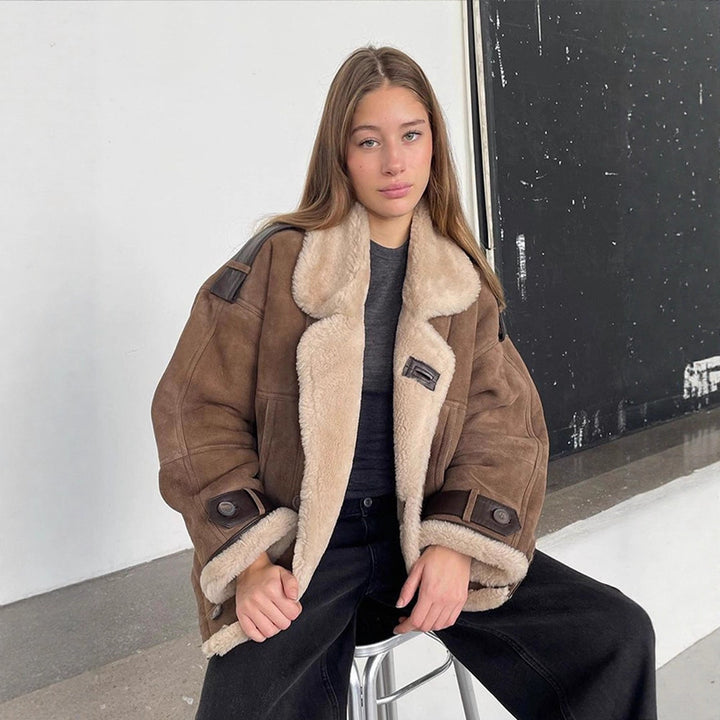 Women Oversize Shearling-Faux Flight Jacket with Contrasting Trim & Buckle Details Amarae