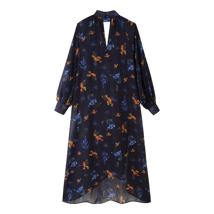 Maxi dress for women with elegant high collar and printed floral design Lune London