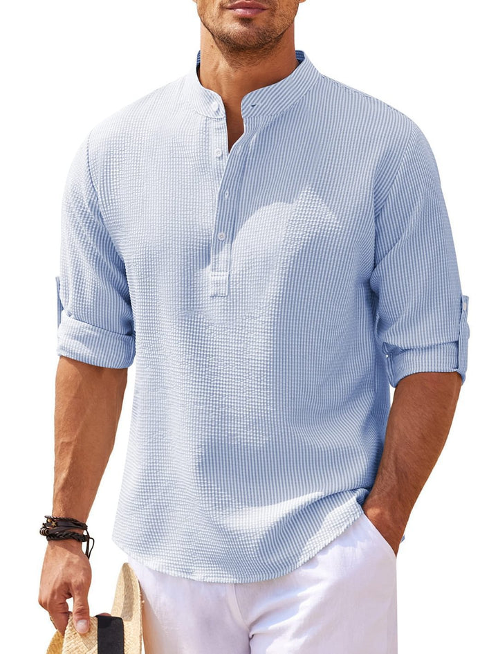 Men's Casual Long Sleeve Shirt with Stand-Up Collar and Ribbed Texture Lune London