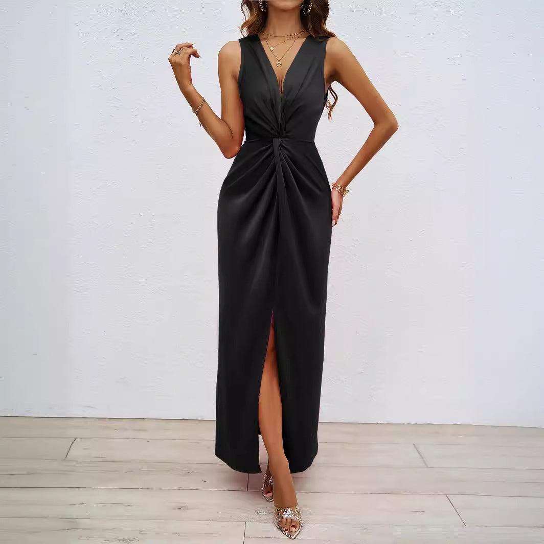 Elegant Maxi Dress for Women with Sophisticated Gathered Neckline and Chic Side Slit & Style