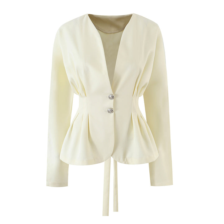 Women Tailored Wrap Blazer with Pleats and Tying Belt Amarae