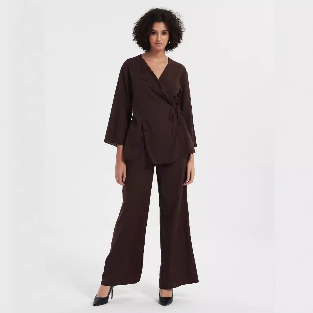 Women's two-piece wrap set made of flowing viscose blend with wide palazzo pants leg Amarae