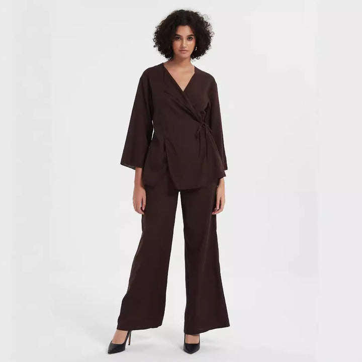 Women's two-piece wrap set made of flowing viscose blend with wide palazzo pants leg Amarae