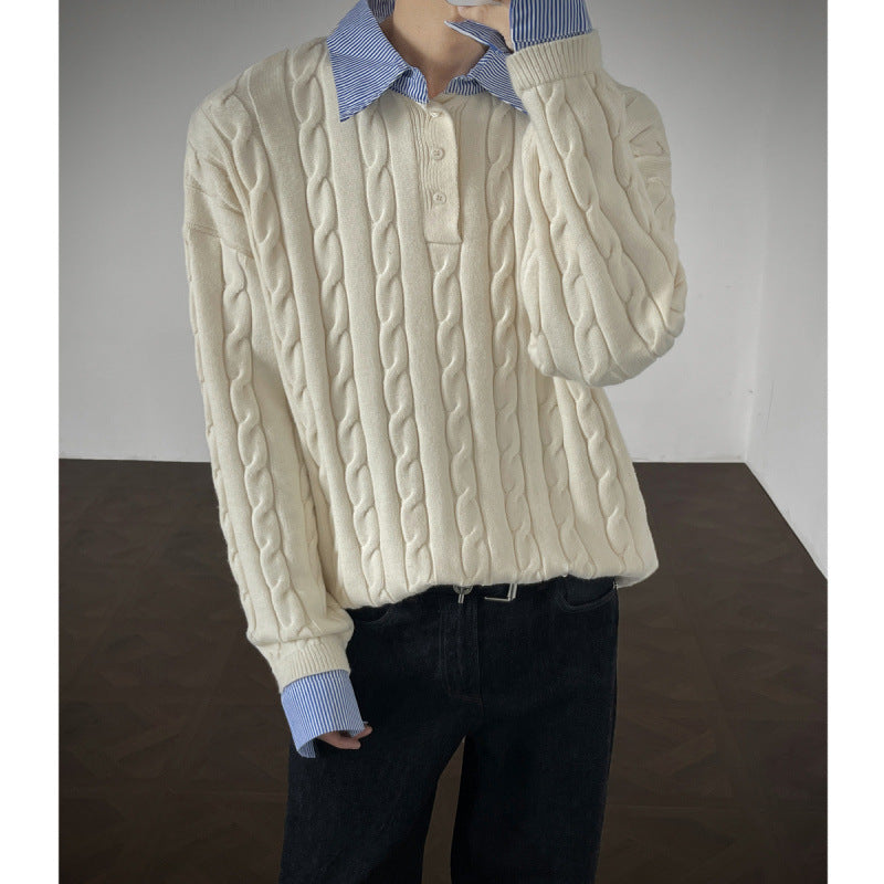 Knit sweater for women with high-quality cable pattern and collar Lune London