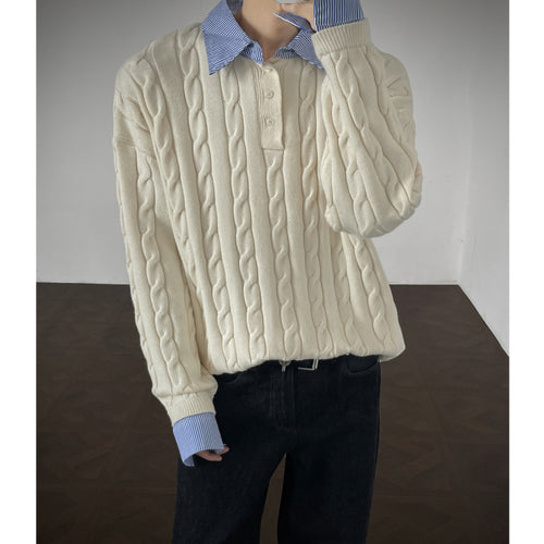 Knit sweater for women with high-quality cable pattern and collar Amarae