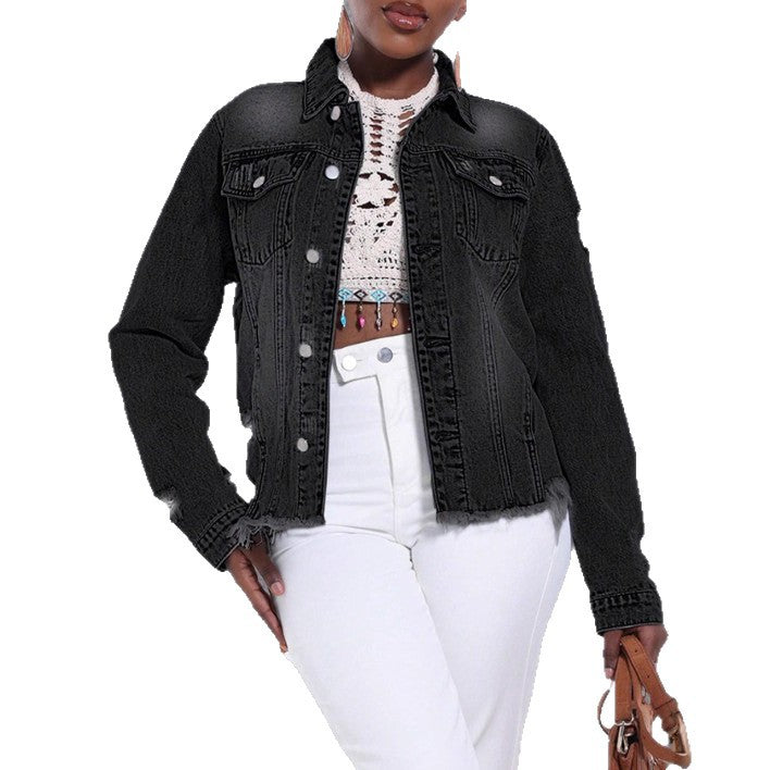 Women's Distressed Denim Jacket with Frayed Hem and Relaxed Fit Amarae