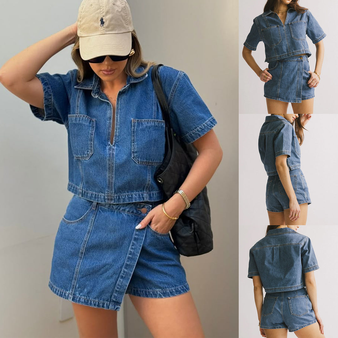 Women's Casual Denim Short Jacket Set with Matching Skirt Lune London