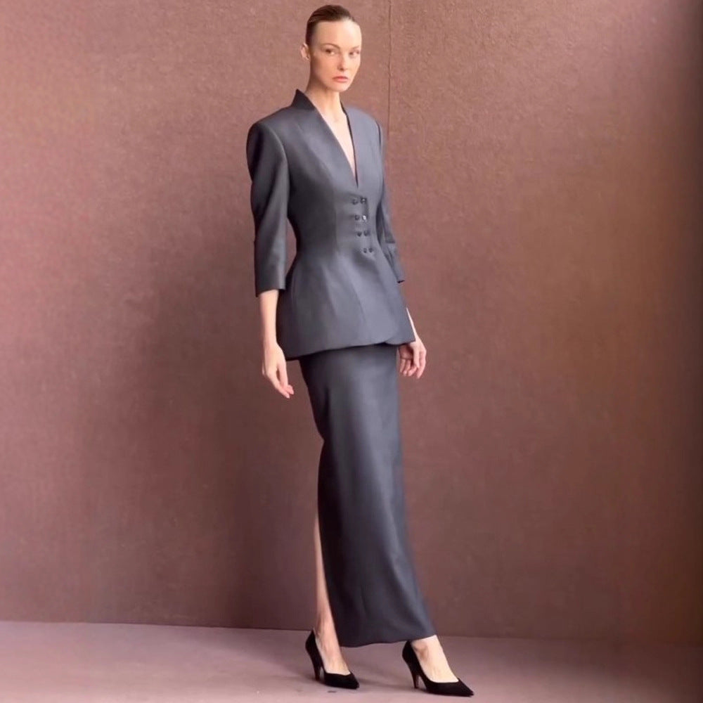 Women Tailored Peplum Blazer with Emphasized Waist and Deep V-Neck Amarae
