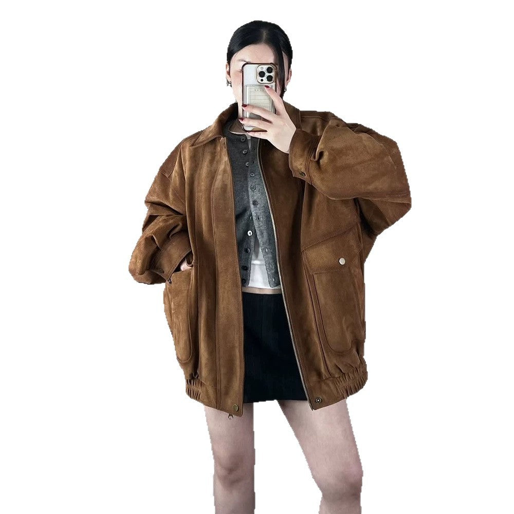 Ladies Oversize Suede Bomber Jacket with Elastic Hem Amarae