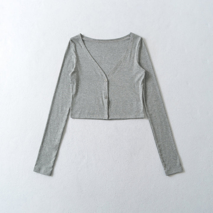 Women Cropped Jersey Cardigan with Deep V-Neck and Narrow Button Placket Amarae