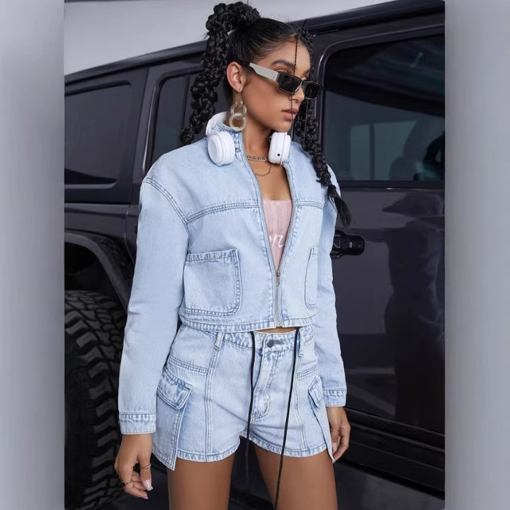 Women's short denim set with cropped jacket and cargo shorts Amarae