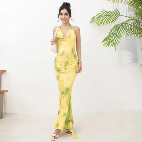 Ladies maxi dress with airy cowl neck and elegant ruffle details
