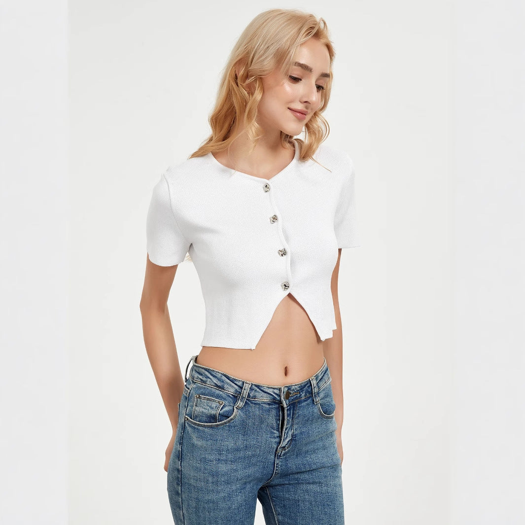 Short sleeve blouse for women with decorative button details Lune London