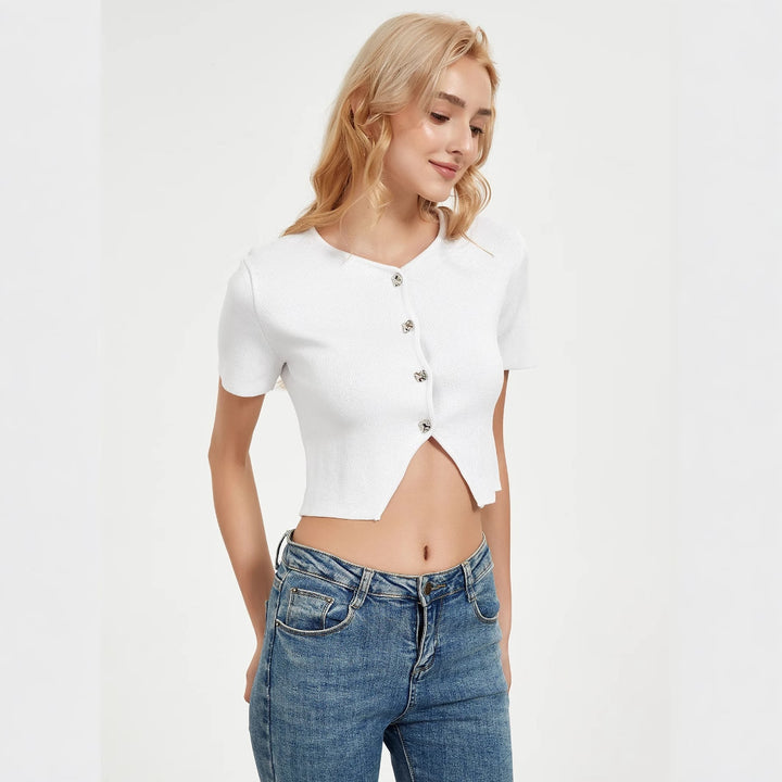 Short sleeve blouse for women with decorative button details Lune London