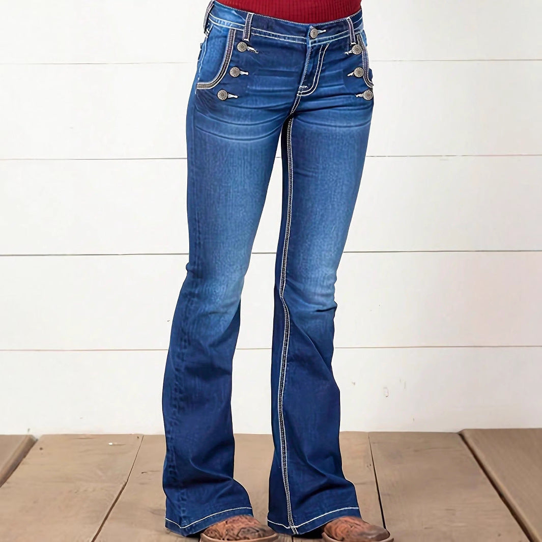 Ladies' Waist-Cinched Bootcut Jeans with Decorative Button Appliqué and Contrast Stitching Amarae