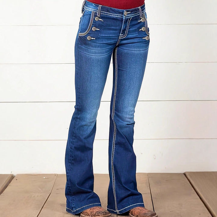 Ladies' Waist-Cinched Bootcut Jeans with Decorative Button Appliqué and Contrast Stitching Amarae