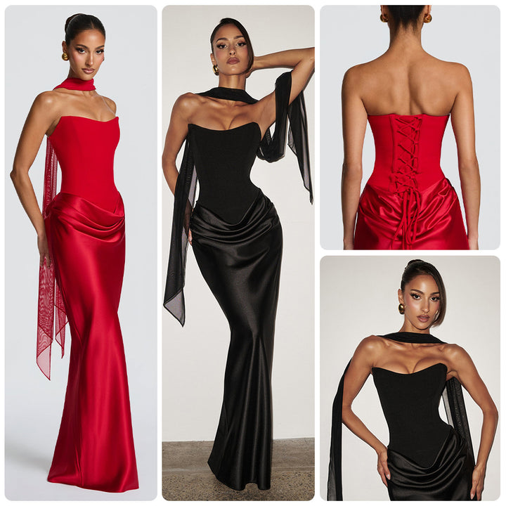 Women's evening dress with off-shoulder design and elegant slit Lune London