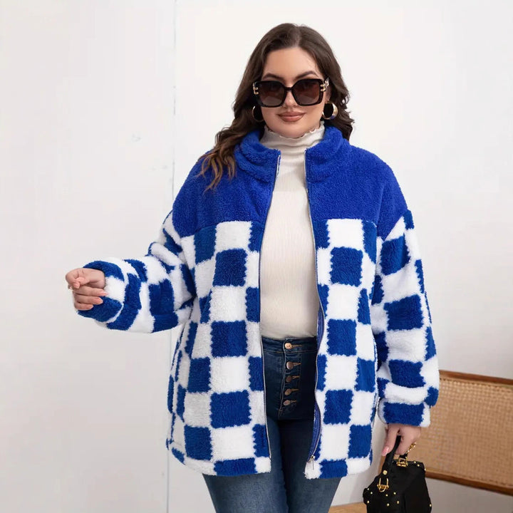 Fleece jacket for women with checkered pattern and high collar Lune London