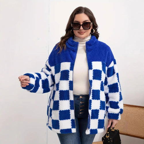 Fleece jacket for women with checkered pattern and high collar Amarae