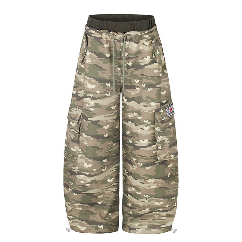 Women's Wide Cargo Pants with Heart Camouflage, Drawstring Waistband and Generous Pockets Amarae