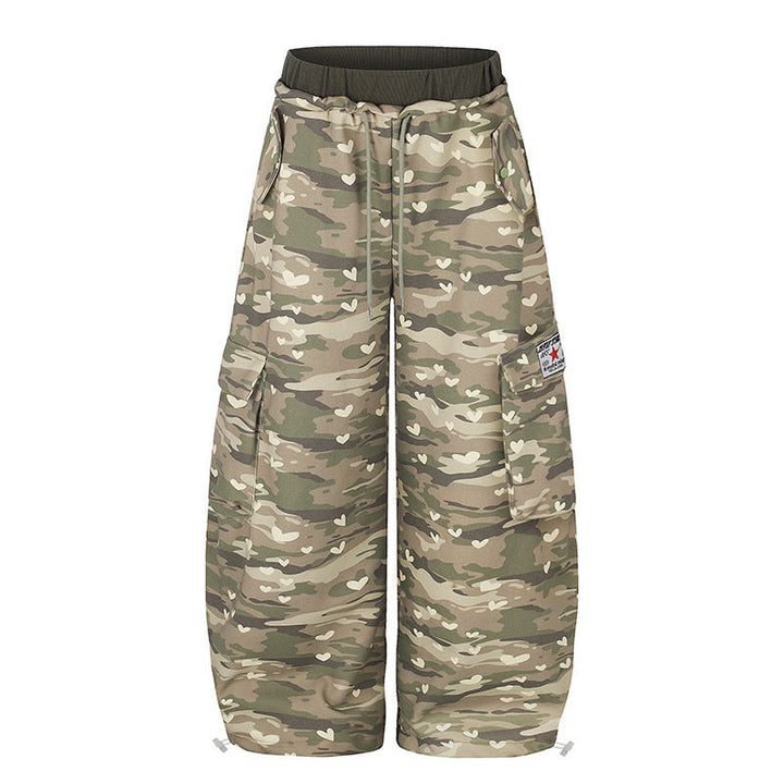 Women's Wide Cargo Pants with Heart Camouflage, Drawstring Waistband and Generous Pockets Amarae