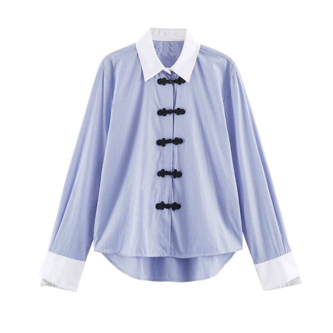 Women's Striped Oversize Blouse with Contrast Collar, Cuffs and Decorative Knot Closures Amarae