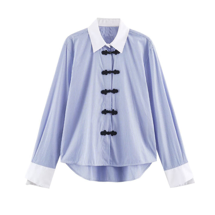 Women's Striped Oversize Blouse with Contrast Collar, Cuffs and Decorative Knot Closures Amarae