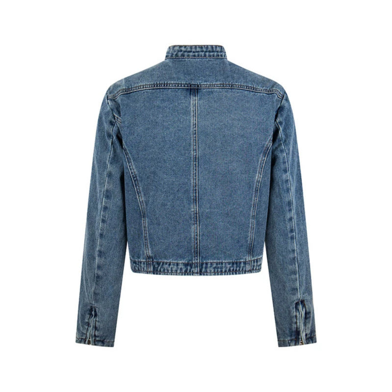 Women's short tailored denim jacket with stand-up collar and hidden zipper Amarae