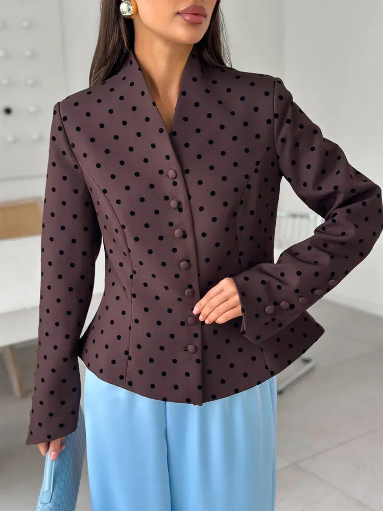 Women's Tailored Stand Collar Blazer with Polka Dot Pattern and Concealed Button Placket Amarae