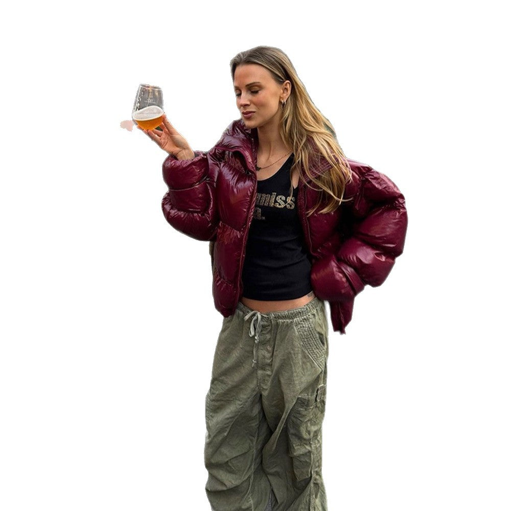 Women's Shiny Oversized Padded Jacket with Hood and High Stand-Up Collar Amarae