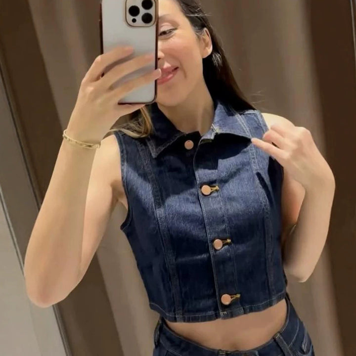 Women Short Cut Denim Vest with Tailored Paneling and Metal Button Placket Amarae
