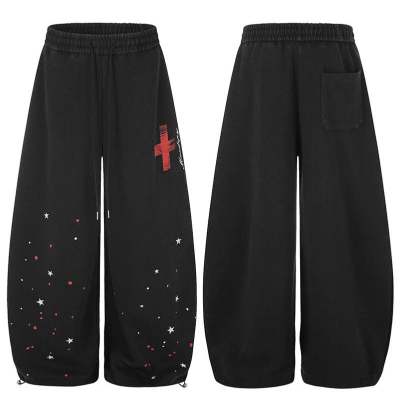 Women's Extra Wide Palazzo Sweatpants with Drawstring Waist, Star Print & Adjustable Balloon Hem Amarae