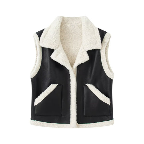 Women trendy synthetic leather vest with cozy teddy lining Amarae