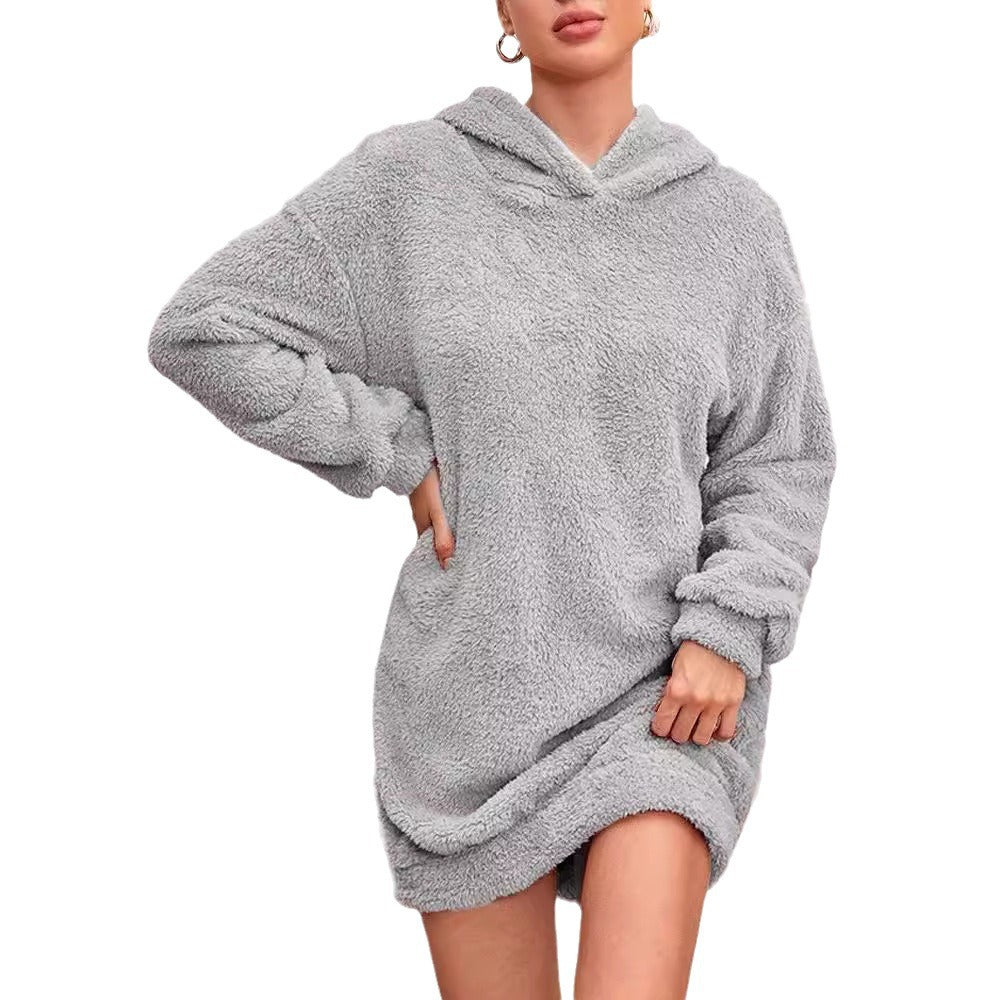 Fleece hoodie dress for women with hood and practical pockets Lune London
