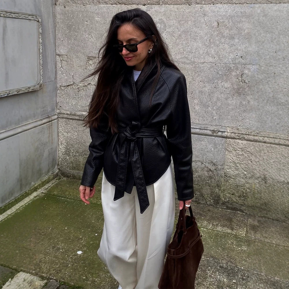 Women's Tailored Wrap Blouson in Structured Leather Look with Tie Belt Amarae