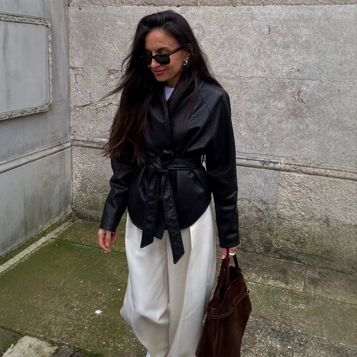 Women's Tailored Wrap Blouson in Structured Leather Look with Tie Belt Amarae