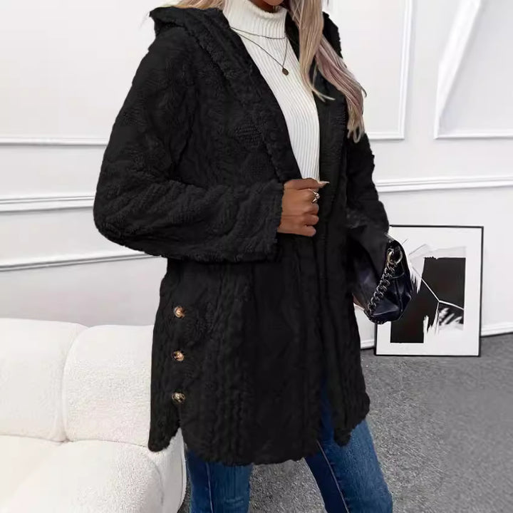 Women Plush Hooded Jacket with Decorative Button Details Amarae