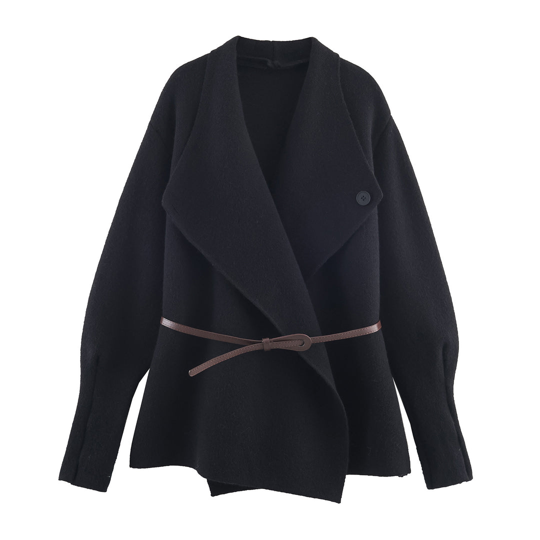 Women's Short Cut Wool Blend Cardigan Coat with Wide Shawl Collar and Narrow Tie Belt Amarae