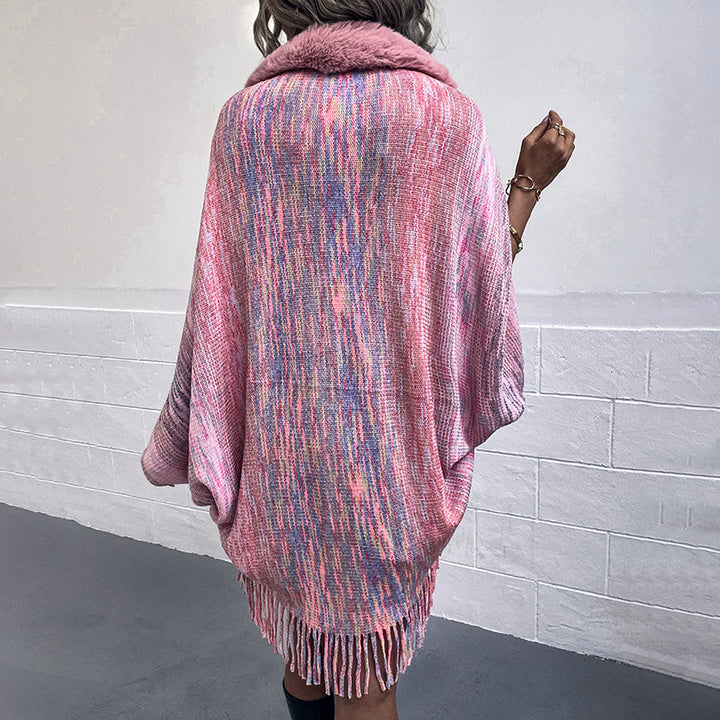 Elegant poncho for ladies with luxurious faux fur collar and fringed hem Lune London