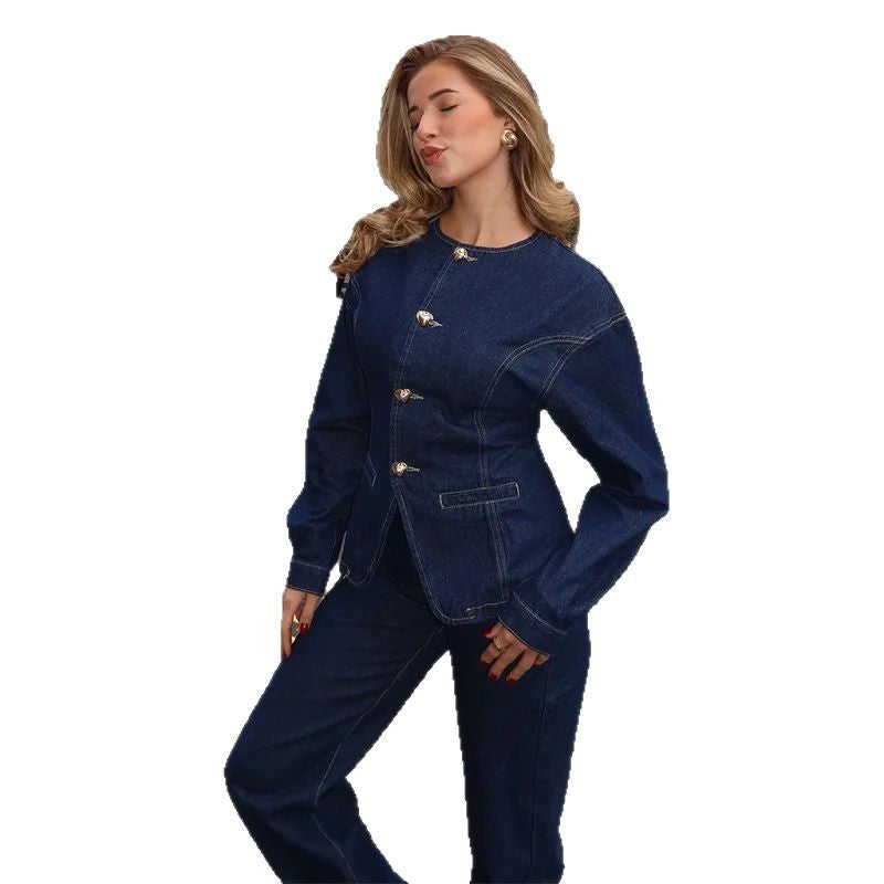 Ladies Elegant Denim Jacket with Golden Buttons and Fitted Cut Lune London