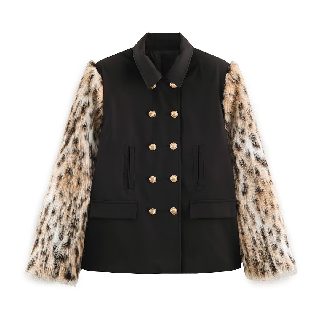 Women's Double-Breasted Short Jacket with Faux Fur Sleeves Amarae