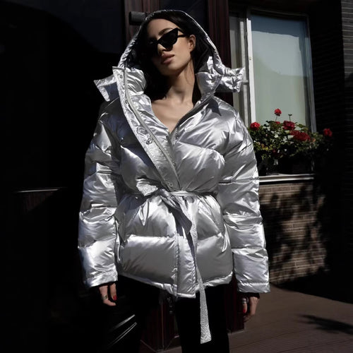 Ladies Shiny Winter Coat with Oversized Fit and Hood Amarae