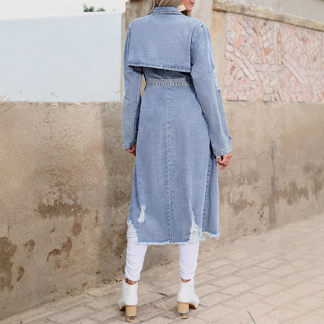 Women's Long Denim Trench Coat with Distressed Hem and Double-Breasted Button Placket Amarae