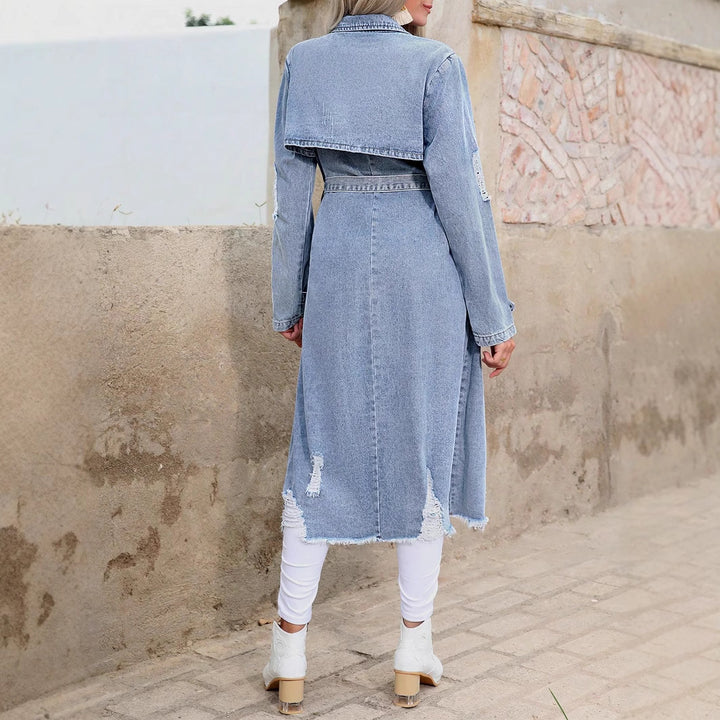 Women's Long Denim Trench Coat with Distressed Hem and Double-Breasted Button Placket Amarae